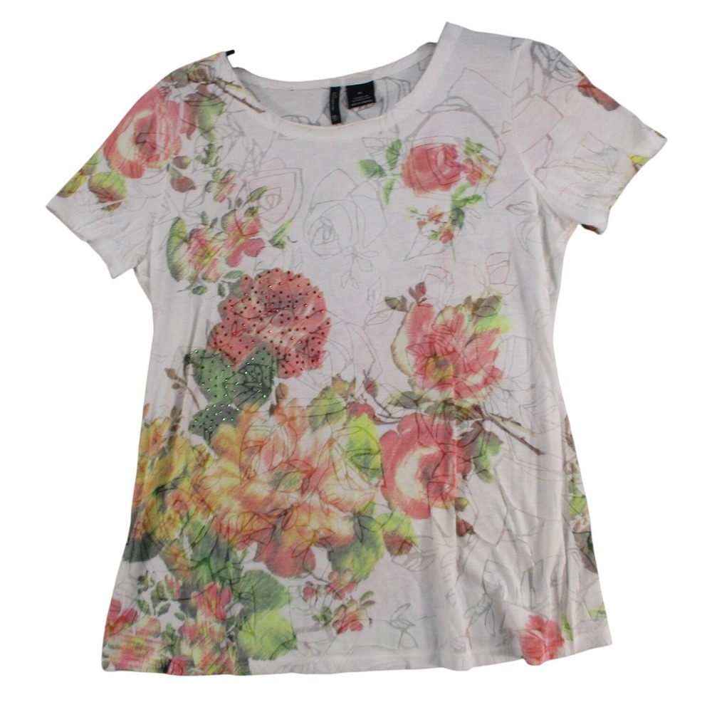 New Directions Petite Floral Rhinestone Scoop Neck Short Sleeve Top White PL